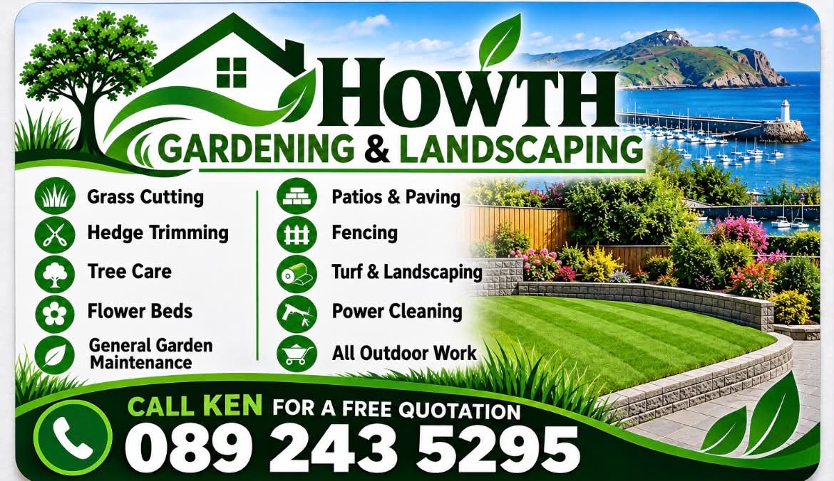 Howth Gardening & Landscaping — grass cutting, hedge trimming, tree care, flower beds, garden maintenance, patios & paving, fencing, turf & landscaping, power cleaning and all outdoor work. Call Ken for a free quotation on 089 243 5295.